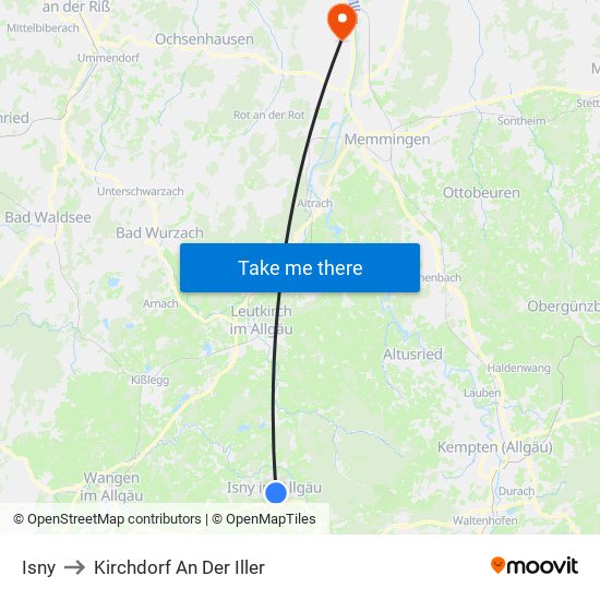 Isny to Kirchdorf An Der Iller map