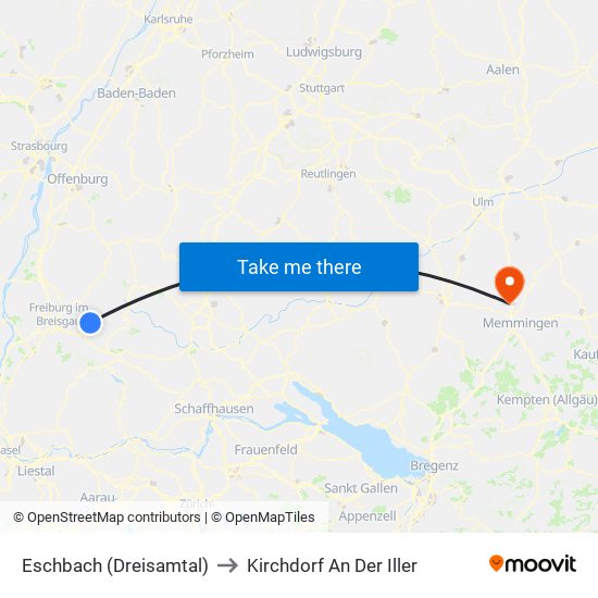 Eschbach (Dreisamtal) to Kirchdorf An Der Iller map