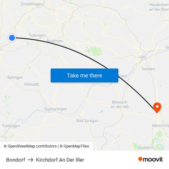 Bondorf to Kirchdorf An Der Iller map