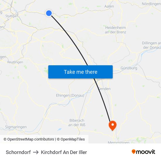 Schorndorf to Kirchdorf An Der Iller map
