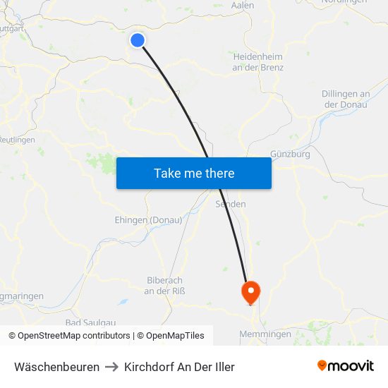 Wäschenbeuren to Kirchdorf An Der Iller map