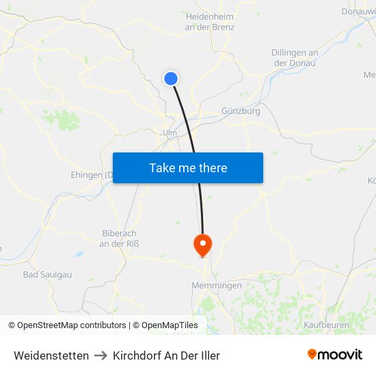 Weidenstetten to Kirchdorf An Der Iller map