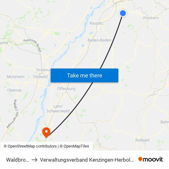 Waldbronn to Verwaltungsverband Kenzingen-Herbolzheim map