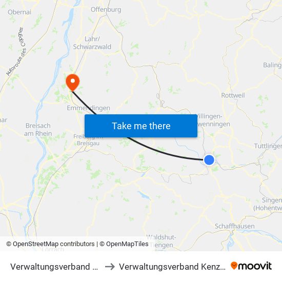 Verwaltungsverband Donaueschingen to Verwaltungsverband Kenzingen-Herbolzheim map