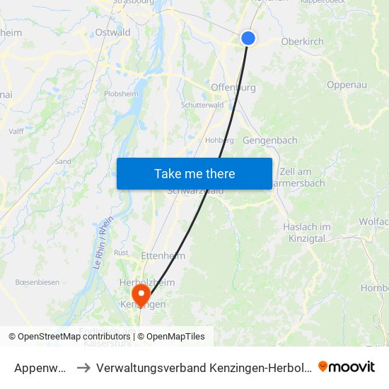 Appenweier to Verwaltungsverband Kenzingen-Herbolzheim map