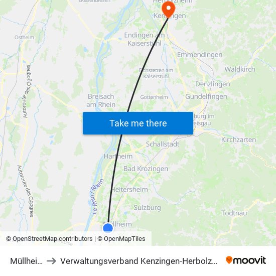 Müllheim to Verwaltungsverband Kenzingen-Herbolzheim map