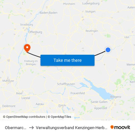 Obermarchtal to Verwaltungsverband Kenzingen-Herbolzheim map
