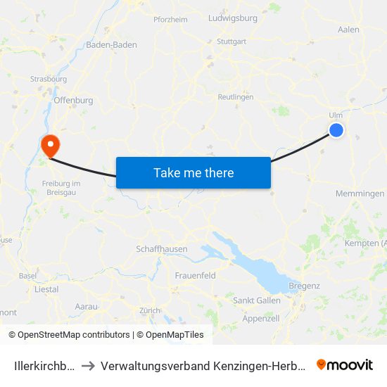 Illerkirchberg to Verwaltungsverband Kenzingen-Herbolzheim map