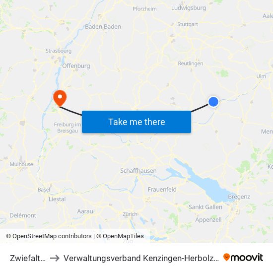 Zwiefalten to Verwaltungsverband Kenzingen-Herbolzheim map