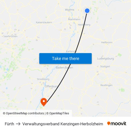 Fürth to Verwaltungsverband Kenzingen-Herbolzheim map