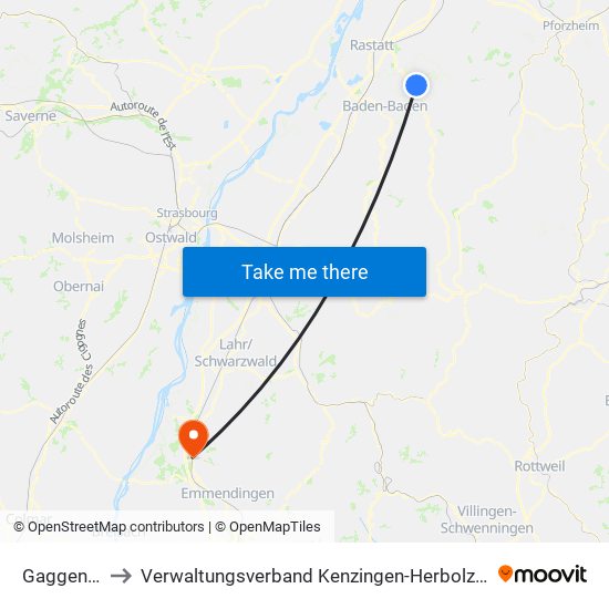 Gaggenau to Verwaltungsverband Kenzingen-Herbolzheim map