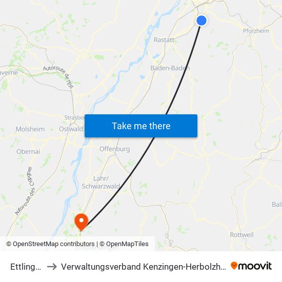 Ettlingen to Verwaltungsverband Kenzingen-Herbolzheim map