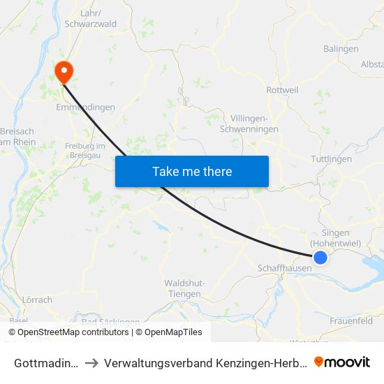 Gottmadingen to Verwaltungsverband Kenzingen-Herbolzheim map