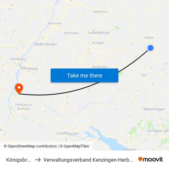 Königsbronn to Verwaltungsverband Kenzingen-Herbolzheim map