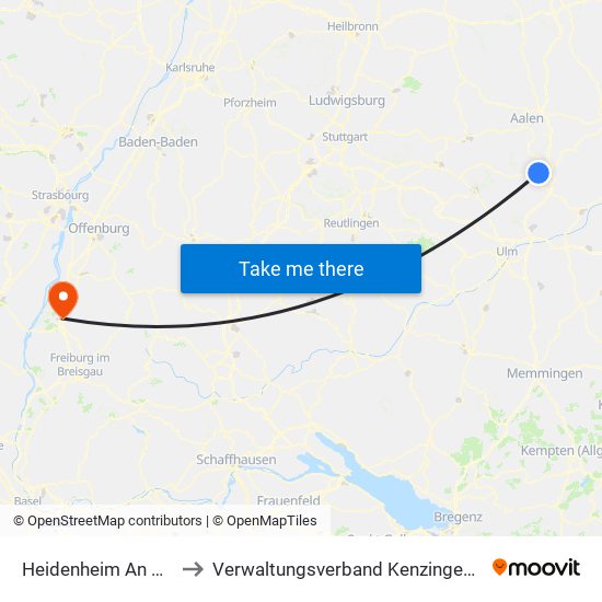 Heidenheim An Der Brenz to Verwaltungsverband Kenzingen-Herbolzheim map