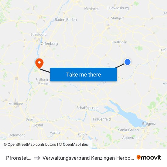 Pfronstetten to Verwaltungsverband Kenzingen-Herbolzheim map