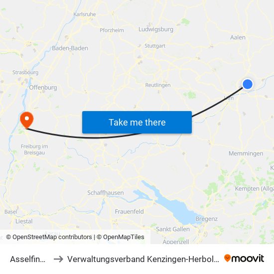 Asselfingen to Verwaltungsverband Kenzingen-Herbolzheim map