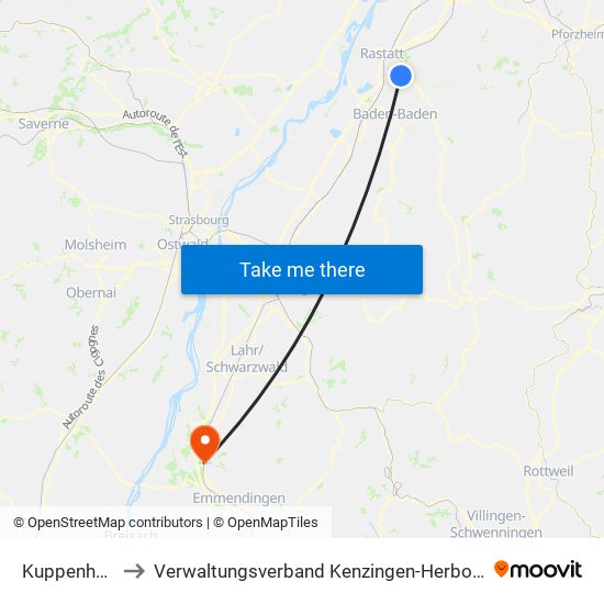 Kuppenheim to Verwaltungsverband Kenzingen-Herbolzheim map