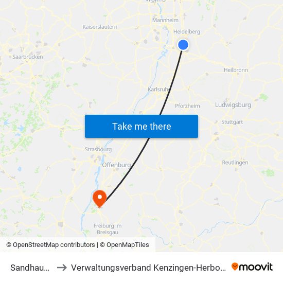 Sandhausen to Verwaltungsverband Kenzingen-Herbolzheim map