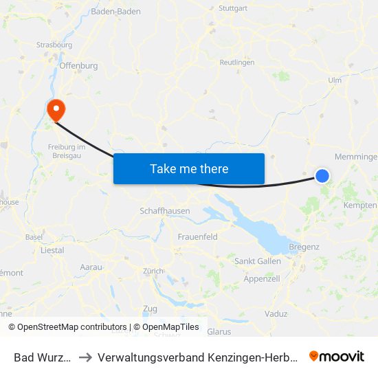Bad Wurzach to Verwaltungsverband Kenzingen-Herbolzheim map