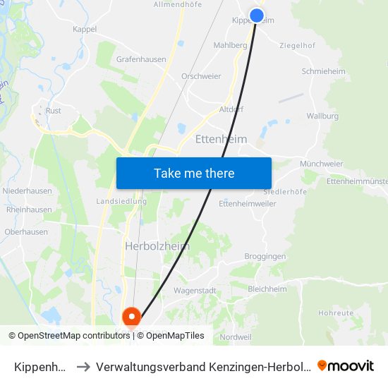 Kippenheim to Verwaltungsverband Kenzingen-Herbolzheim map