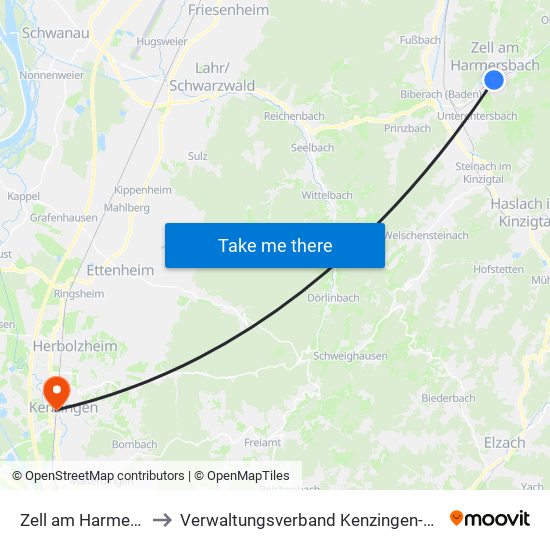 Zell am Harmersbach to Verwaltungsverband Kenzingen-Herbolzheim map