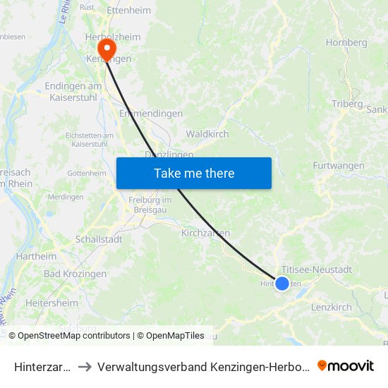 Hinterzarten to Verwaltungsverband Kenzingen-Herbolzheim map