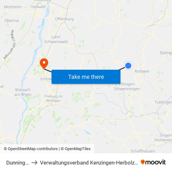 Dunningen to Verwaltungsverband Kenzingen-Herbolzheim map
