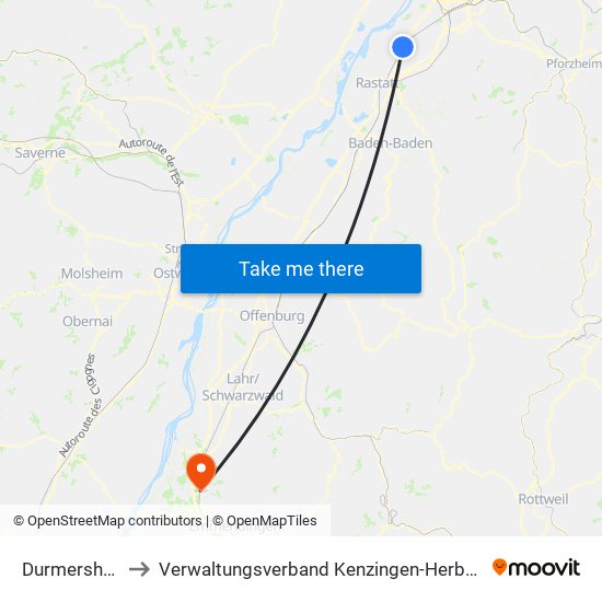 Durmersheim to Verwaltungsverband Kenzingen-Herbolzheim map