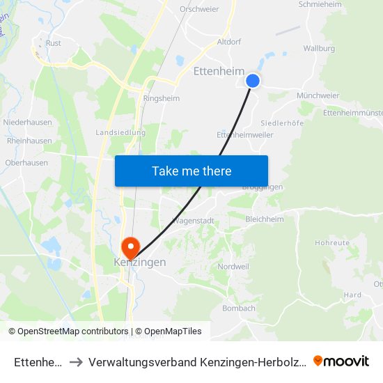 Ettenheim to Verwaltungsverband Kenzingen-Herbolzheim map