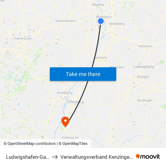 Ludwigshafen-Gartenstadt to Verwaltungsverband Kenzingen-Herbolzheim map