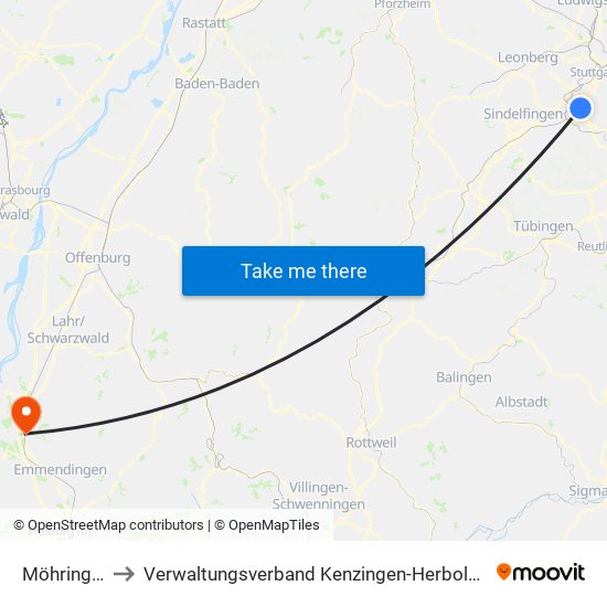 Möhringen to Verwaltungsverband Kenzingen-Herbolzheim map