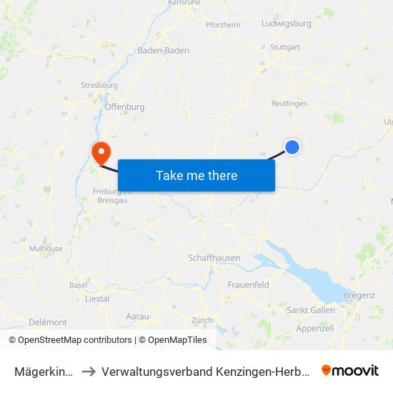 Mägerkingen to Verwaltungsverband Kenzingen-Herbolzheim map