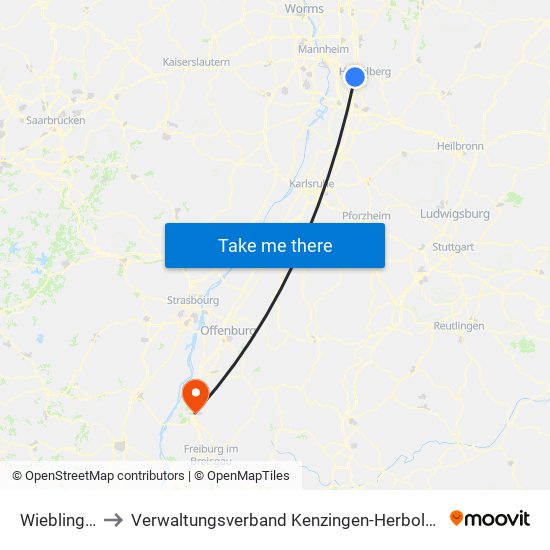 Wieblingen to Verwaltungsverband Kenzingen-Herbolzheim map