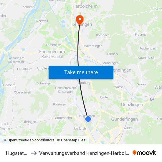 Hugstetten to Verwaltungsverband Kenzingen-Herbolzheim map