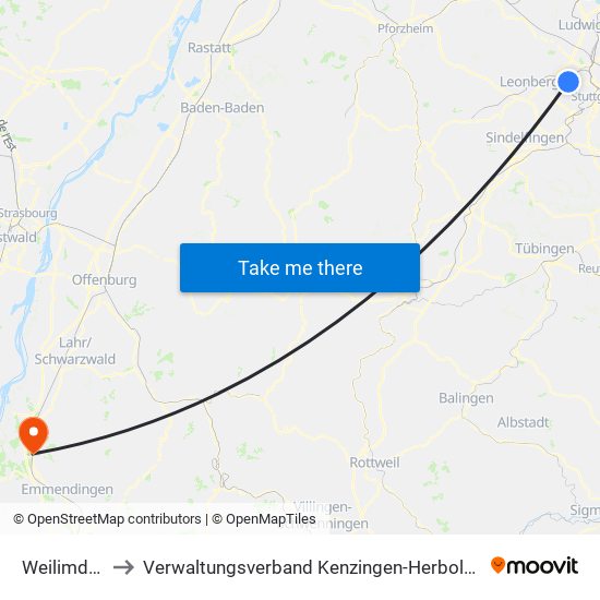 Weilimdorf to Verwaltungsverband Kenzingen-Herbolzheim map