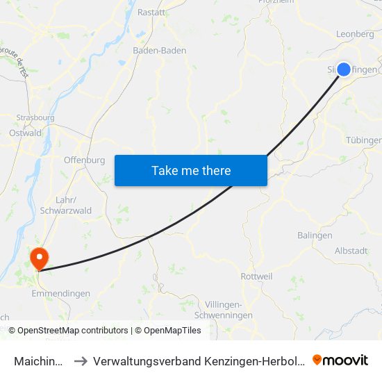 Maichingen to Verwaltungsverband Kenzingen-Herbolzheim map