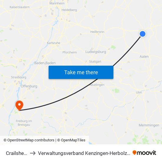 Crailsheim to Verwaltungsverband Kenzingen-Herbolzheim map