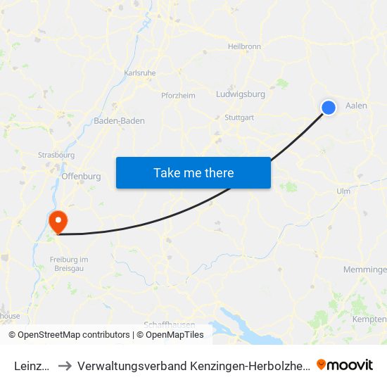 Leinzell to Verwaltungsverband Kenzingen-Herbolzheim map