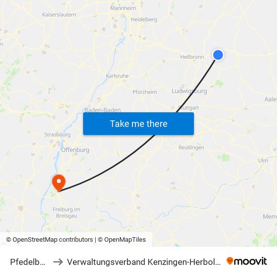 Pfedelbach to Verwaltungsverband Kenzingen-Herbolzheim map