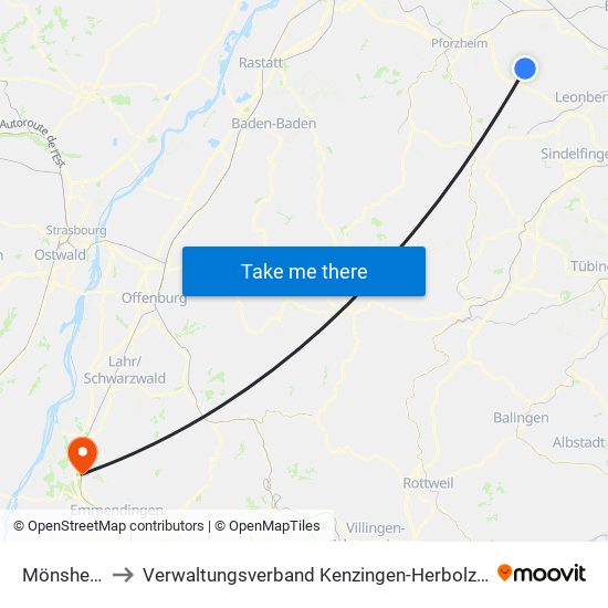 Mönsheim to Verwaltungsverband Kenzingen-Herbolzheim map