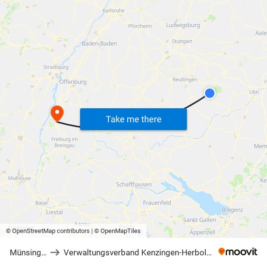 Münsingen to Verwaltungsverband Kenzingen-Herbolzheim map