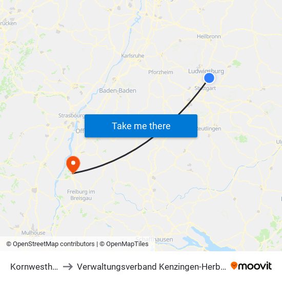 Kornwestheim to Verwaltungsverband Kenzingen-Herbolzheim map