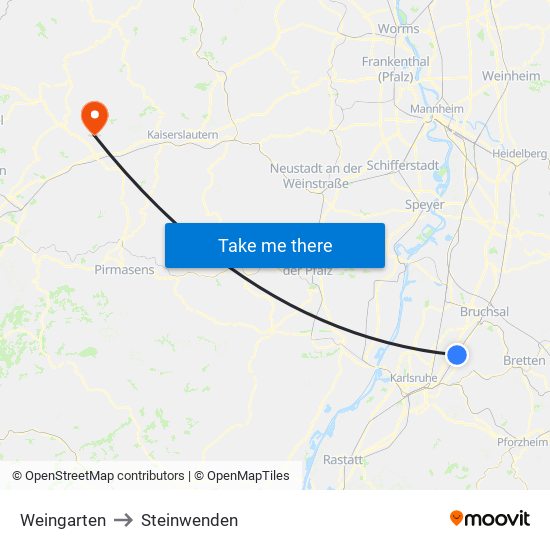 Weingarten to Steinwenden map