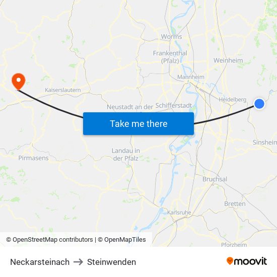 Neckarsteinach to Steinwenden map