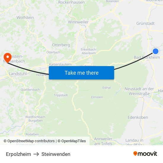 Erpolzheim to Steinwenden map