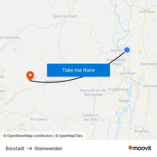 Bürstadt to Steinwenden map