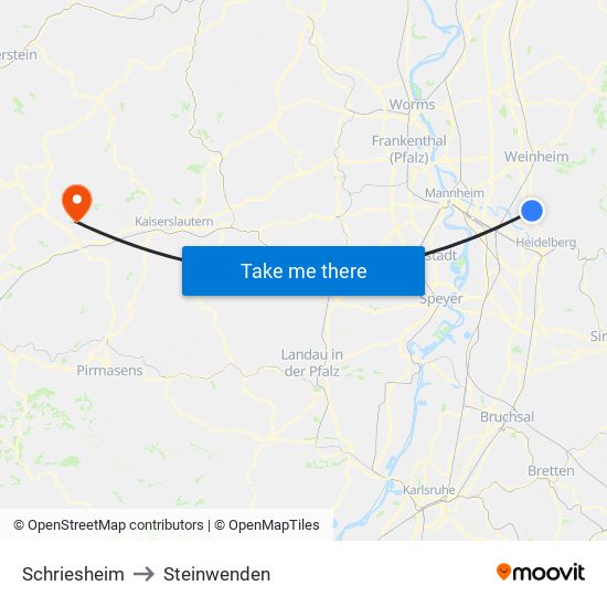 Schriesheim to Steinwenden map