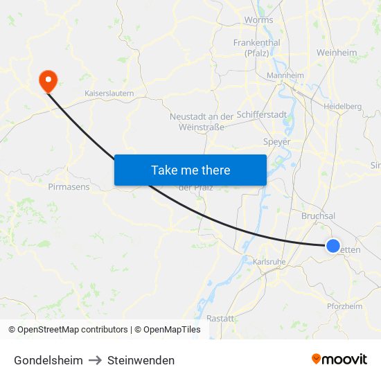 Gondelsheim to Steinwenden map