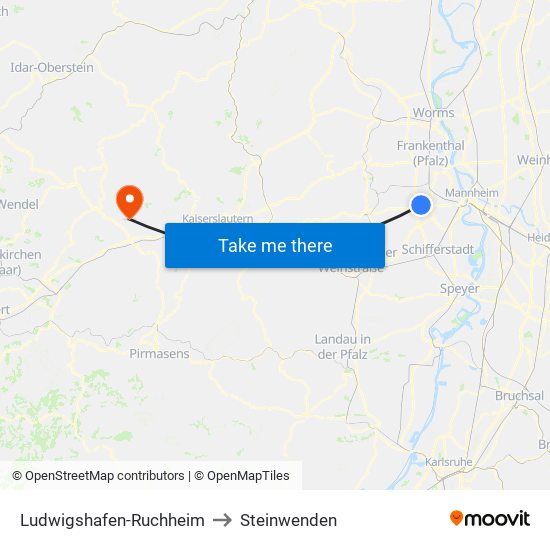 Ludwigshafen-Ruchheim to Steinwenden map